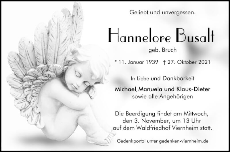  Traueranzeige für Hannelore Busalt vom 30.10.2021 aus Südhessen Morgen