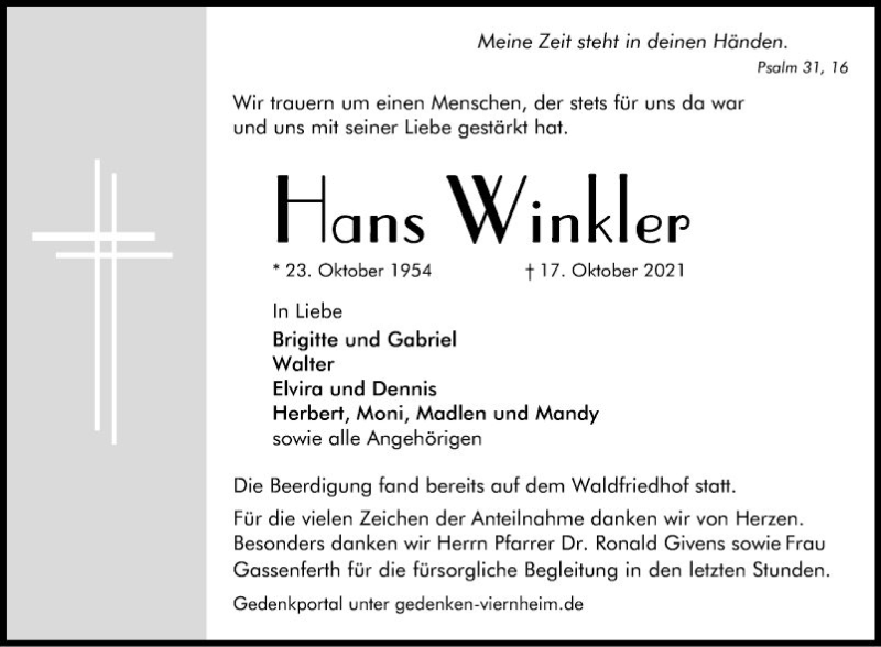  Traueranzeige für Hans Winkler vom 27.10.2021 aus Mannheimer Morgen