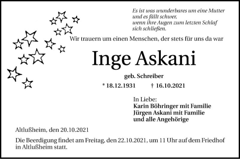  Traueranzeige für Inge Askani vom 20.10.2021 aus Schwetzinger Zeitung