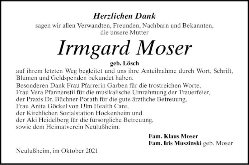 Traueranzeige für Irmgard Moser vom 30.10.2021 aus Schwetzinger Zeitung
