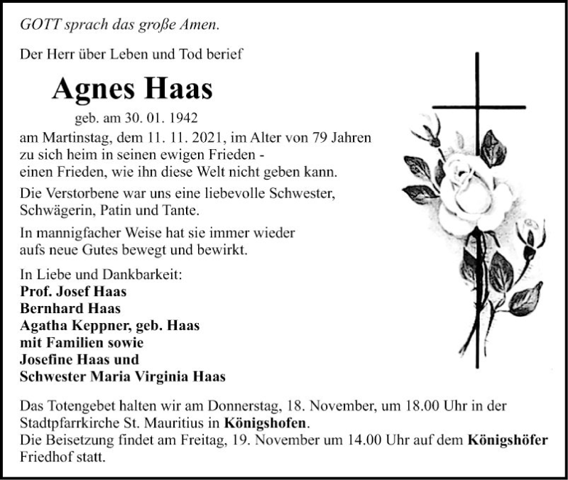  Traueranzeige für Agnes Haas vom 16.11.2021 aus Fränkische Nachrichten