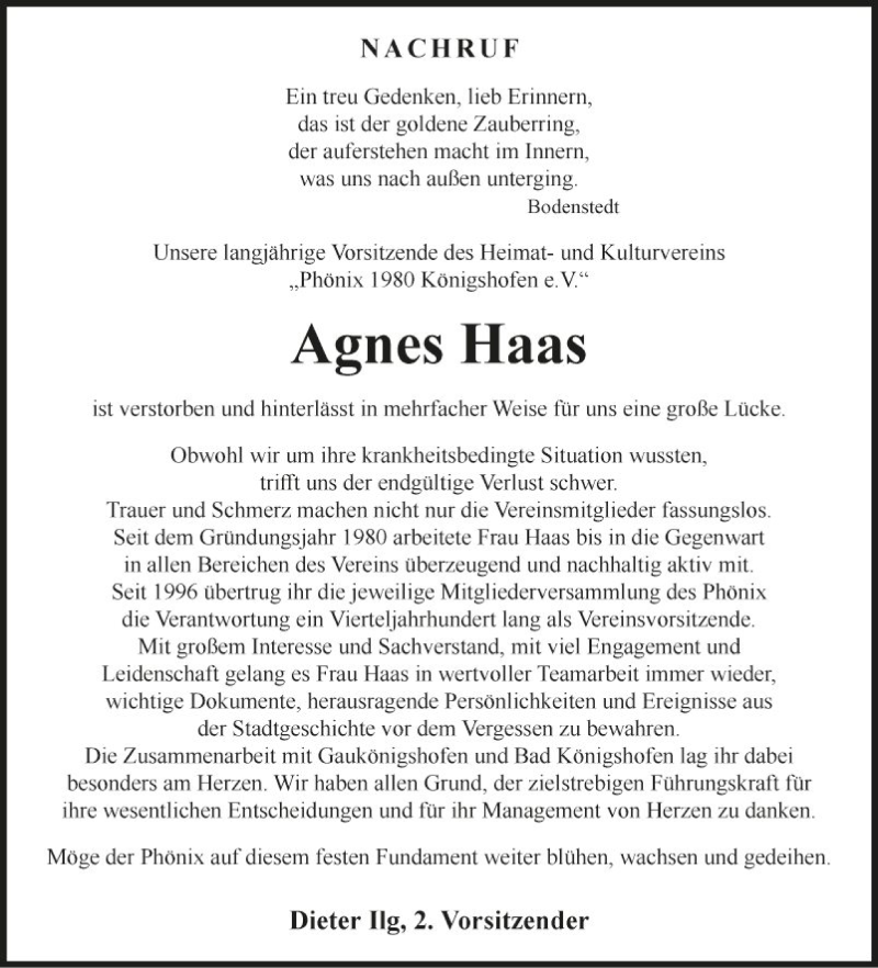  Traueranzeige für Agnes Haas vom 19.11.2021 aus Fränkische Nachrichten