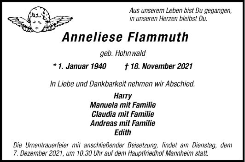  Traueranzeige für Anneliese Flammuth vom 27.11.2021 aus Mannheimer Morgen