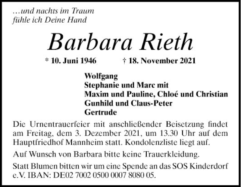  Traueranzeige für Barbara Rieth vom 27.11.2021 aus Mannheimer Morgen