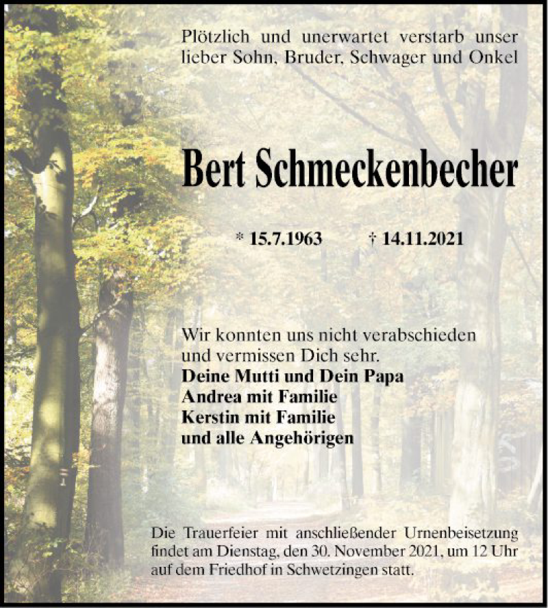  Traueranzeige für Bert Schmeckenbecher vom 27.11.2021 aus Schwetzinger Zeitung