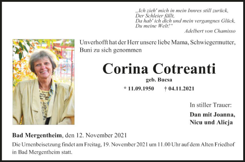  Traueranzeige für Corina Cotreanti vom 12.11.2021 aus Fränkische Nachrichten