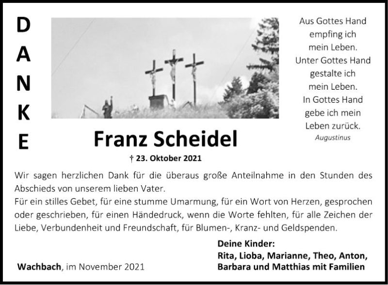  Traueranzeige für Franz Scheidel vom 12.11.2021 aus Fränkische Nachrichten