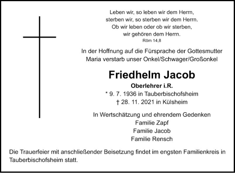  Traueranzeige für Friedhelm Jacob vom 01.12.2021 aus Fränkische Nachrichten