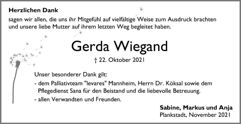  Traueranzeige für Gerda Wiegand vom 27.11.2021 aus Schwetzinger Zeitung