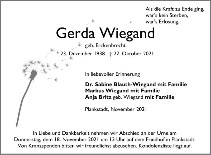  Traueranzeige für Gerda Wiegand vom 13.11.2021 aus Schwetzinger Zeitung