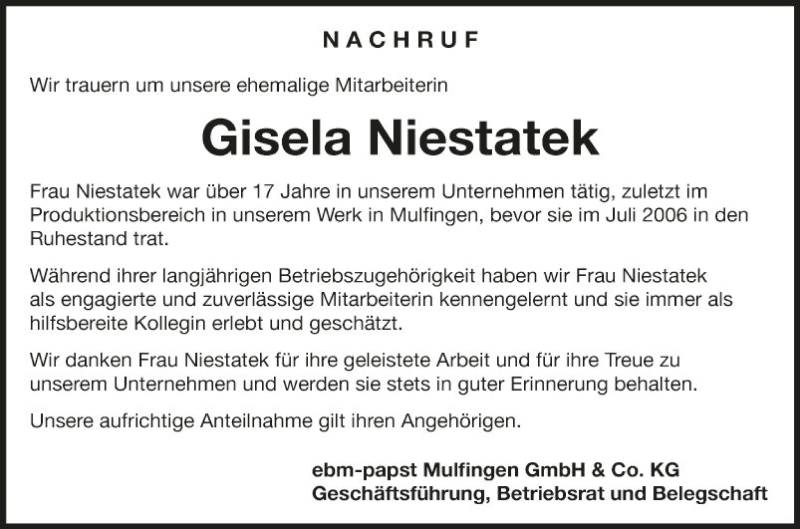  Traueranzeige für Gisela Niestatek vom 05.11.2021 aus Fränkische Nachrichten