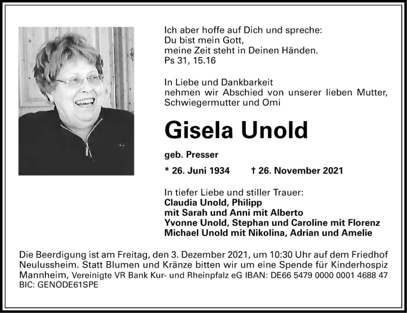  Traueranzeige für Gisela Unold vom 01.12.2021 aus Mannheimer Morgen