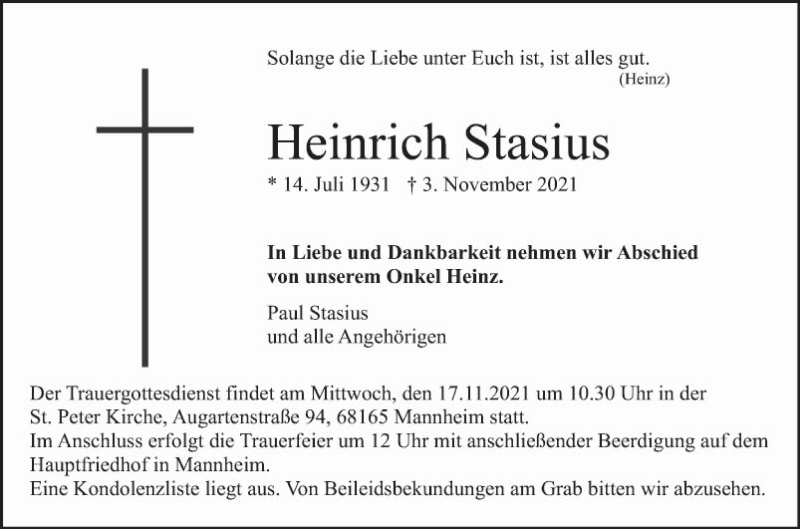 Traueranzeige für Heinrich Stasius vom 13.11.2021 aus Mannheimer Morgen