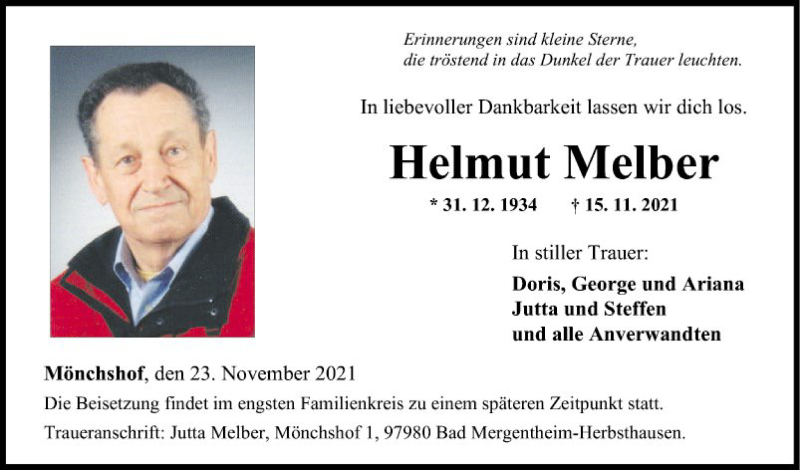  Traueranzeige für Helmut Melber vom 23.11.2021 aus Fränkische Nachrichten