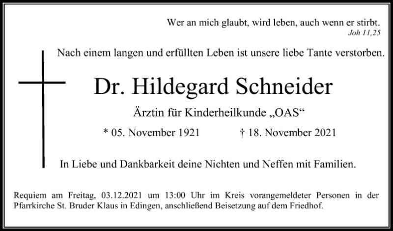  Traueranzeige für Hildegard Schneider vom 27.11.2021 aus Mannheimer Morgen