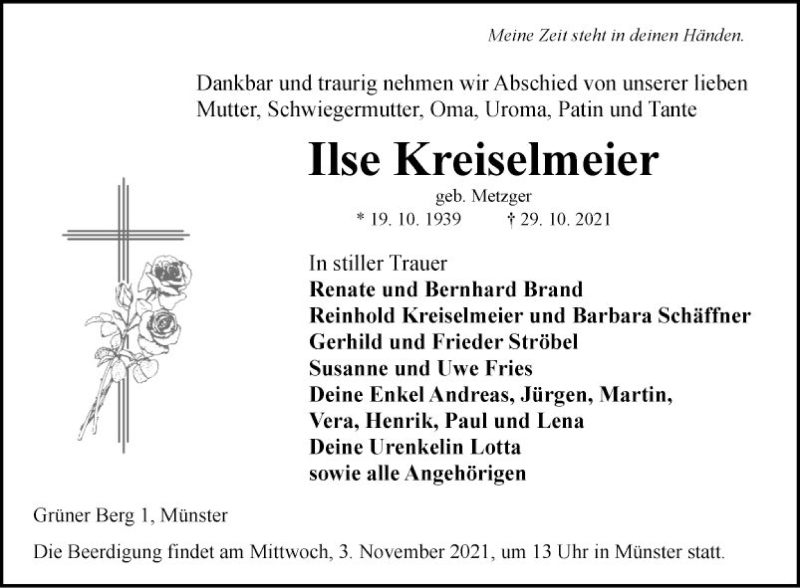  Traueranzeige für Ilse Kreiselmeier vom 02.11.2021 aus Fränkische Nachrichten