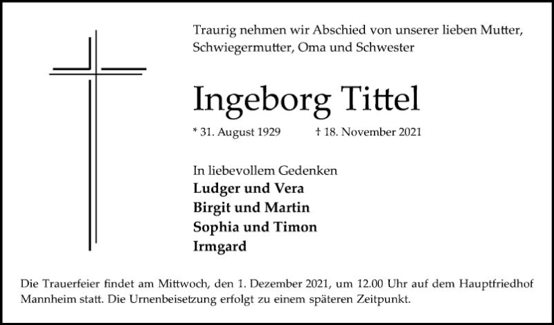  Traueranzeige für Ingeborg Tittel vom 27.11.2021 aus Mannheimer Morgen