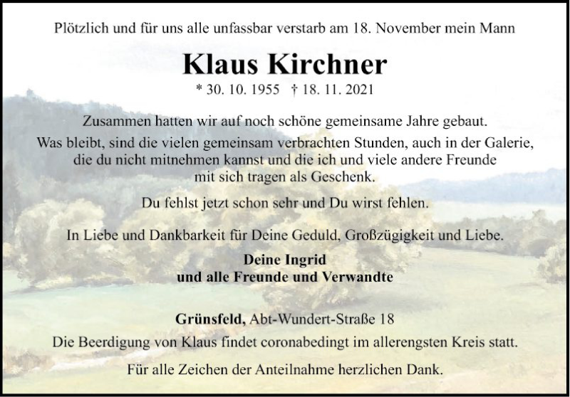  Traueranzeige für Klaus Kirchner vom 01.12.2021 aus Fränkische Nachrichten