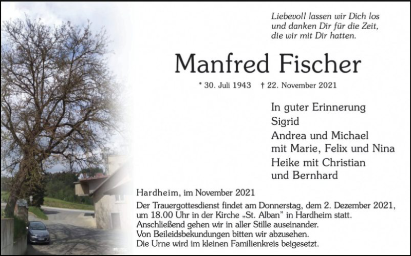  Traueranzeige für Manfred Fischer vom 26.11.2021 aus Fränkische Nachrichten