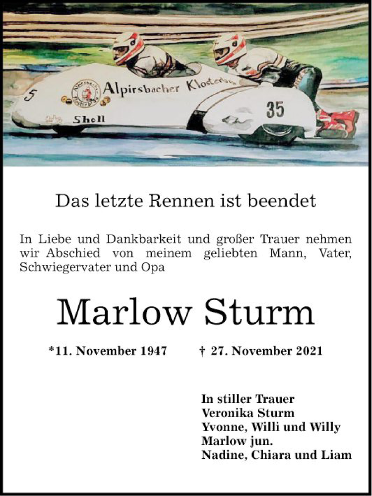 Traueranzeige für Marlow Sturm vom 30.11.2021 aus Schwetzinger Zeitung