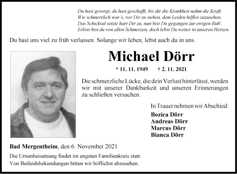  Traueranzeige für Michael Dörr vom 06.11.2021 aus Fränkische Nachrichten