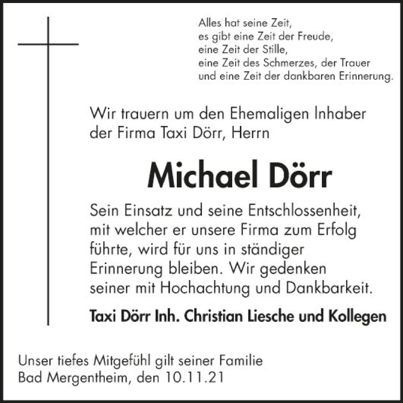  Traueranzeige für Michael Dörr vom 10.11.2021 aus Fränkische Nachrichten
