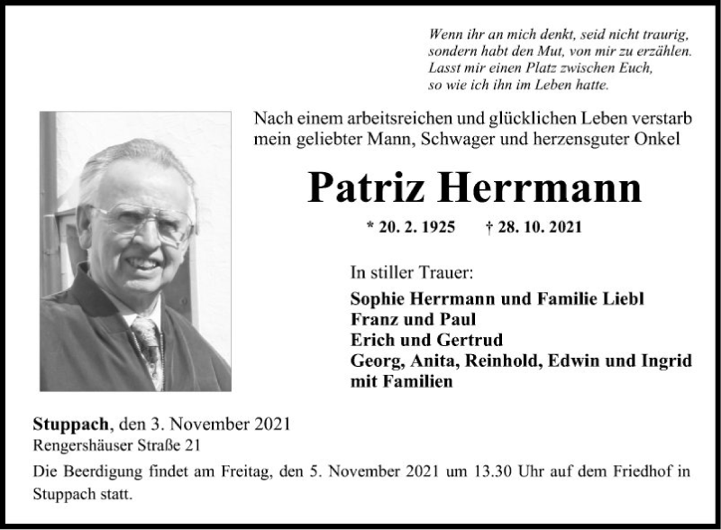  Traueranzeige für Patriz Herrmann vom 03.11.2021 aus Fränkische Nachrichten