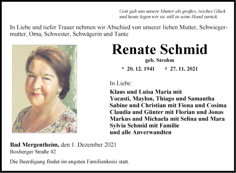  Traueranzeige für Renate Schmid vom 01.12.2021 aus Fränkische Nachrichten
