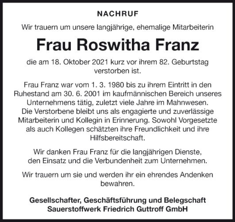  Traueranzeige für Roswitha Franz vom 19.11.2021 aus Fränkische Nachrichten