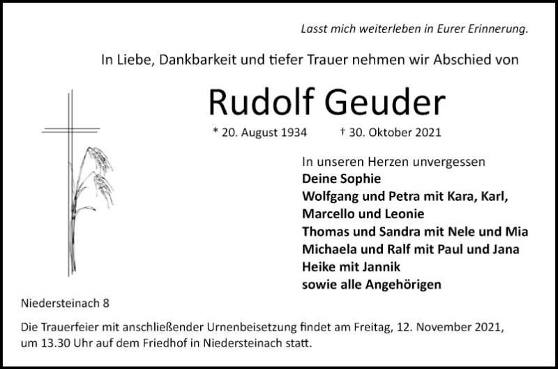  Traueranzeige für Rudolf Geuder vom 09.11.2021 aus Fränkische Nachrichten