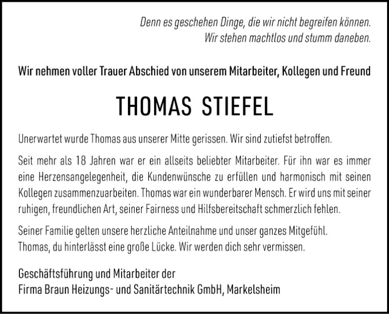  Traueranzeige für Thomas Stiefel vom 10.11.2021 aus Fränkische Nachrichten