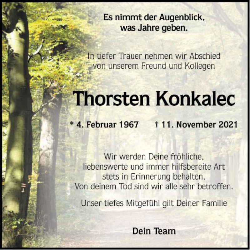  Traueranzeige für Thorsten Konkalec vom 27.11.2021 aus Mannheimer Morgen