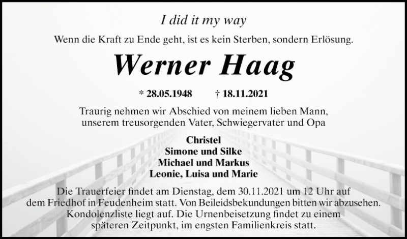  Traueranzeige für Werner Haag vom 27.11.2021 aus Mannheimer Morgen