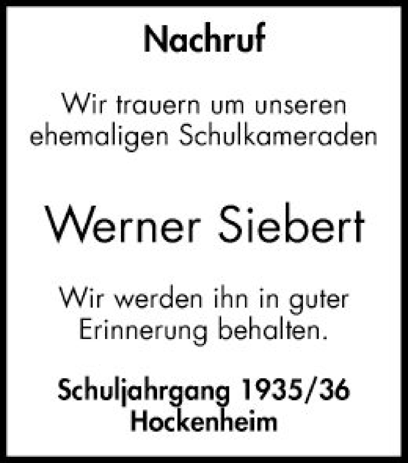  Traueranzeige für Werner Siebert vom 23.11.2021 aus Schwetzinger Zeitung