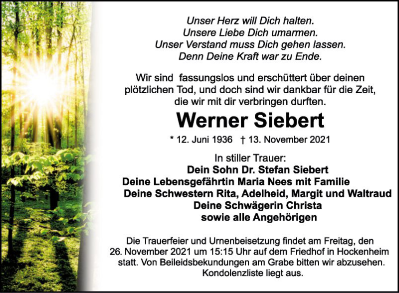  Traueranzeige für Werner Siebert vom 20.11.2021 aus Schwetzinger Zeitung