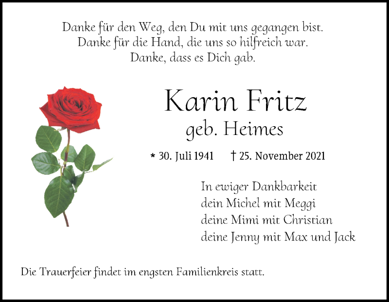  Traueranzeige für Karin Fritz vom 04.12.2021 aus Bergsträßer Anzeiger