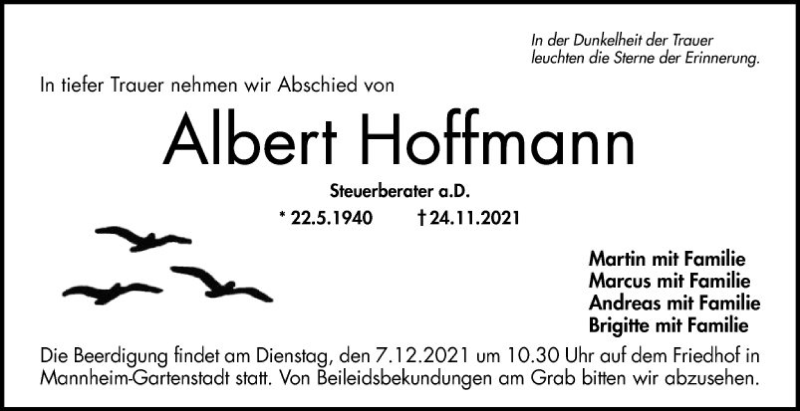  Traueranzeige für Albert Hoffmann vom 04.12.2021 aus Mannheimer Morgen