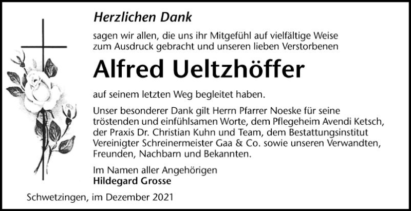  Traueranzeige für Alfred Ueltzhöffer vom 23.12.2021 aus Schwetzinger Zeitung