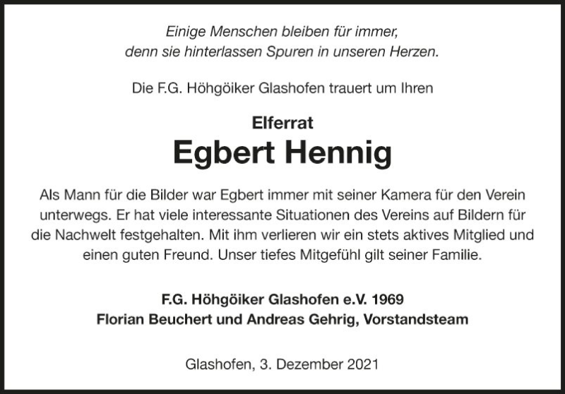  Traueranzeige für Egbert Hennig vom 04.12.2021 aus Fränkische Nachrichten