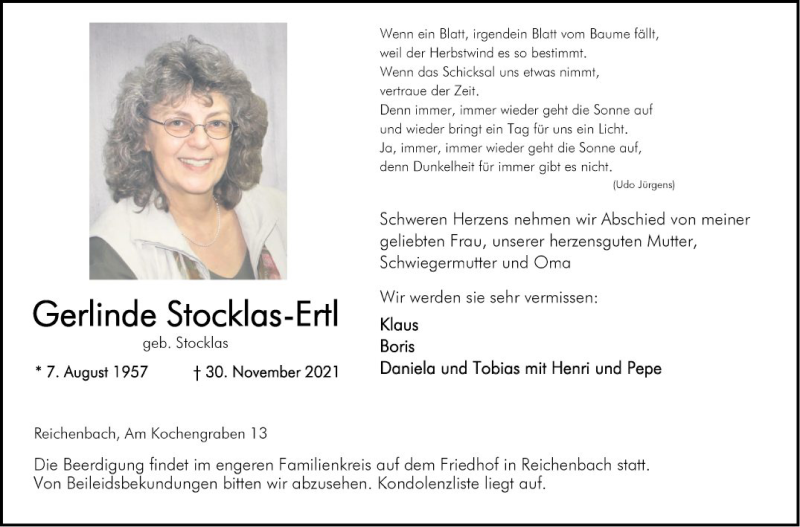  Traueranzeige für Gerlinde Stocklas-Ertl vom 04.12.2021 aus Bergsträßer Anzeiger