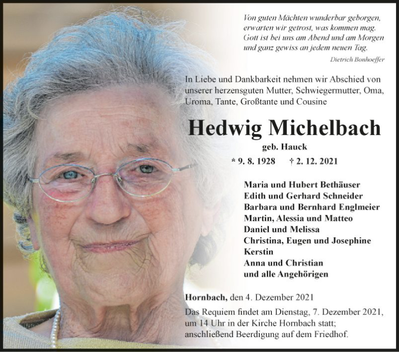  Traueranzeige für Hedwig Michelbach vom 04.12.2021 aus Fränkische Nachrichten