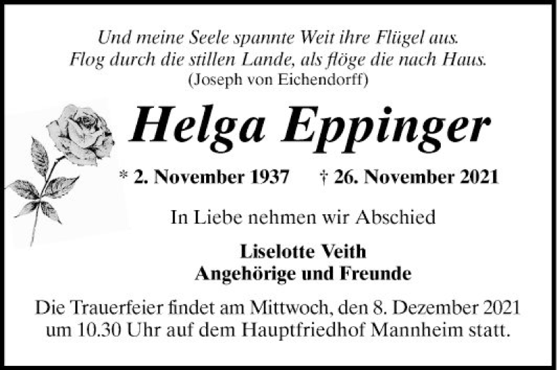  Traueranzeige für Helga Eppinger vom 04.12.2021 aus Mannheimer Morgen