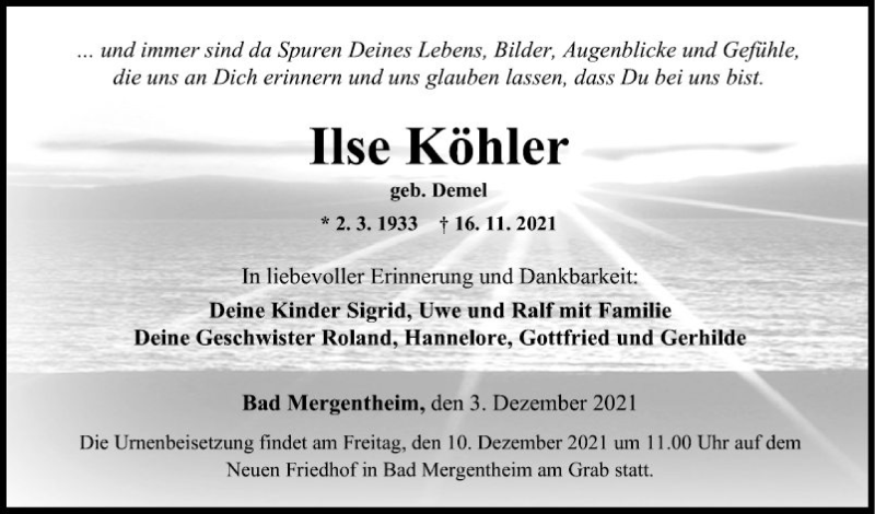  Traueranzeige für Ilse Köhler vom 03.12.2021 aus Fränkische Nachrichten