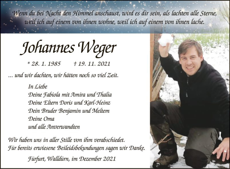  Traueranzeige für Johannes Weger vom 03.12.2021 aus Fränkische Nachrichten
