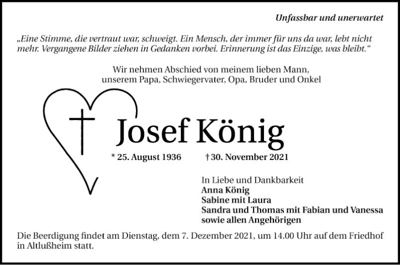  Traueranzeige für Josef König vom 04.12.2021 aus Schwetzinger Zeitung