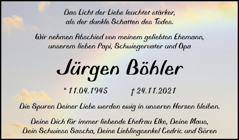  Traueranzeige für Jürgen Böhler vom 04.12.2021 aus Mannheimer Morgen