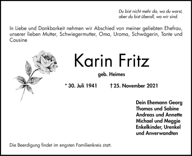  Traueranzeige für Karin Fritz vom 04.12.2021 aus Bergsträßer Anzeiger