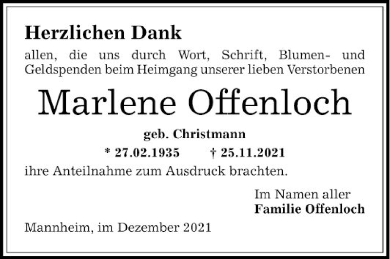  Traueranzeige für Marlene Offenloch vom 18.12.2021 aus Mannheimer Morgen