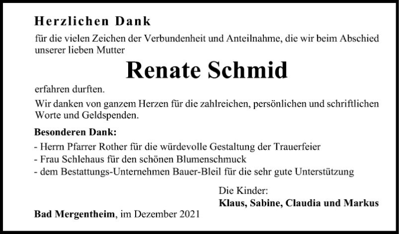  Traueranzeige für Renate Schmid vom 17.12.2021 aus Fränkische Nachrichten