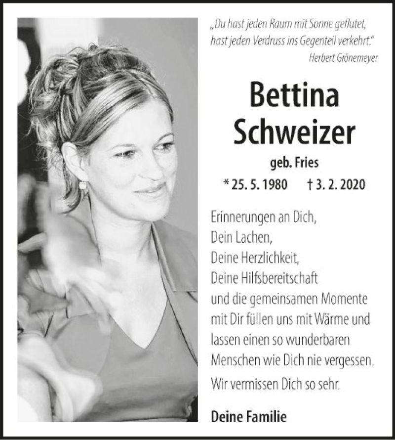  Traueranzeige für Bettina Schweizer vom 03.02.2021 aus Fränkische Nachrichten